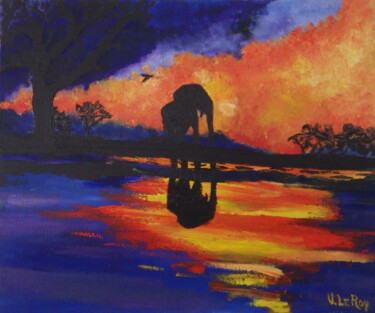 Elephant, point d'eau au soleil couchant